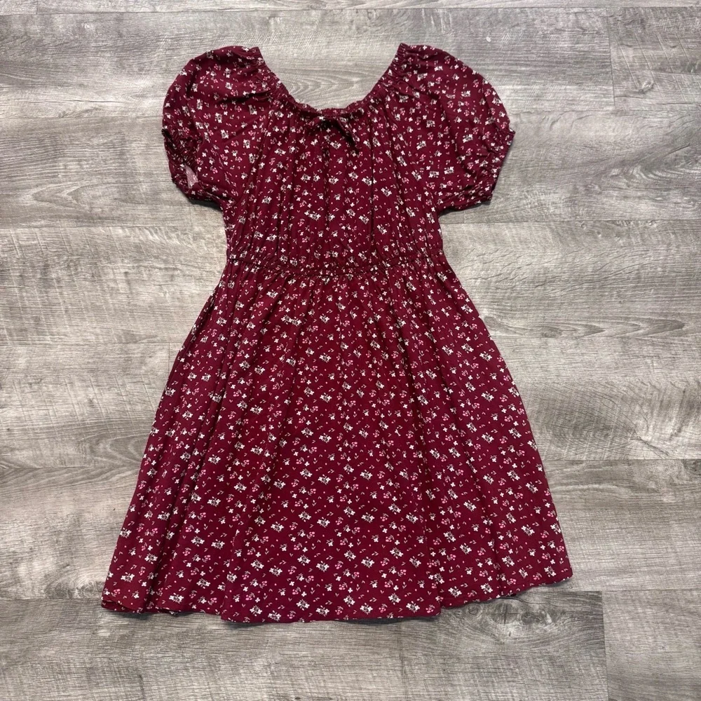 Epic Threads Midi Floral Print Peasant Smocked Dress Burgundy Girls Sz. S